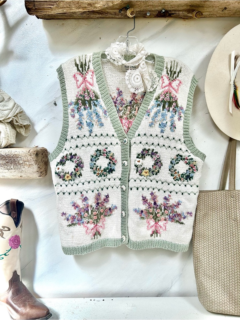 Handcrafted hand embroidered Floral Knit Vest Sweater w cottagecore prairie vibe